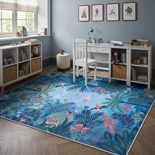 LIVEBOX Washable Jungle Animal Print 5x7 Blue Rug for Living Room, Non-Slip Kids Bedroom Rugs for Boy Playroom Kid Baby Room, Soft Stain Resistant Blue and Green Rug for Nursery Boy Dining