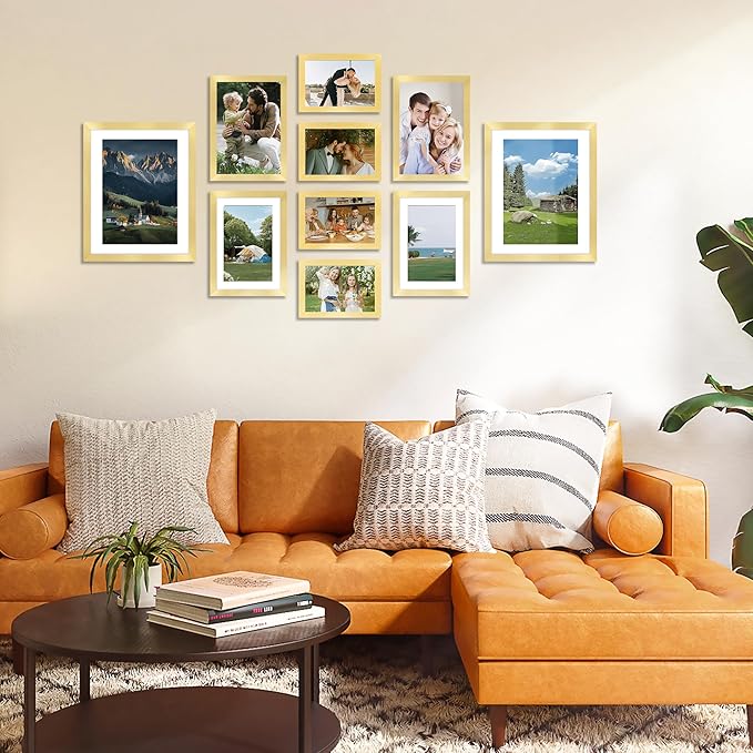FIXSMITH 10 Pack Picture Frames Collage Wall Decor for Mounting or Tabletop Display, Gallery Wall Frame Set with Two 8x10 Gold Frames, Four 5x7 and Four 4x6 Frames, Multi-Pack Photo Frame Set