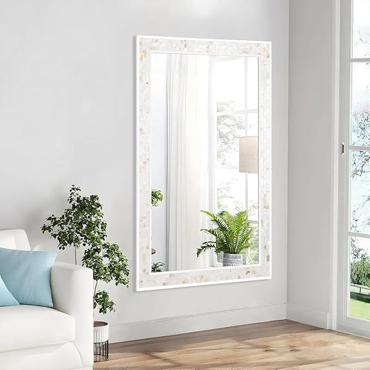 Tanmicoshomy 30 x 48 Inch White Bathroom Mirror, Natural Shell Framed Rectangular Mirrors for Bedroom, Living Room or Entryway, Wall Mounted Horizontal or Vertical Hanging