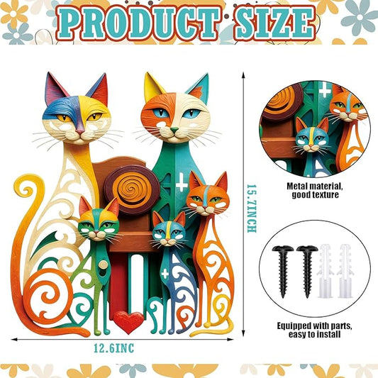 Wesiti Cat Wall Art Decor Iron Wall Sculptures Decor for Cats Lover 12.6 x 15.7 Inches Colorful Mid Century Cat Retro Signs for Home Living Room Bedroom Kitchen Office(Refined)