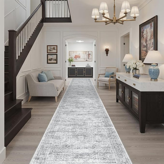 Soalmost Runner Rug 2'6" x 16' Washable Non-Slip 2.5x16 ft Long Runner Rugs for Kitchen Bathroom Laundry Room Vintage Ultra Thin Runners for Hallway Entryway Grey
