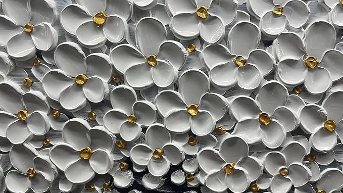 YaSheng Art - Oil Painting Wall Art hand painted White Floral Artwork 3D Thick Texture Black and White Floral Vase Canvas Wall Art Modern Abstract Art Home Bedroom, Dining Room, Living Room, Office Wall Decor 24x48inch