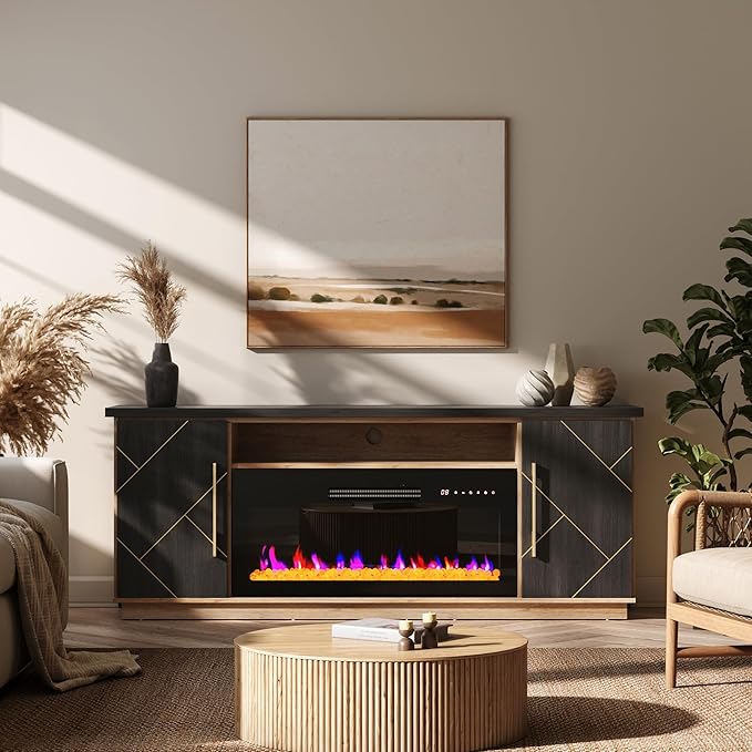 BELLEZE 68“ Fireplace TV Stand for TV's Up to 75", Elegant Entertainment Center with 36" Electric Fireplace Heater, Storage Media Console with Drawers & Open Shelves for Living Room (Espresso Black)