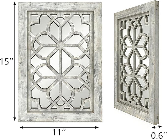 Set of 2 11x15 Inch Rectangular Shatterproof Grey Decorative Wall Mirrors, Boho Farmhouse Rustic Vintage Accent Mirrors for Living Room Bedroom Entryway & Home Decor