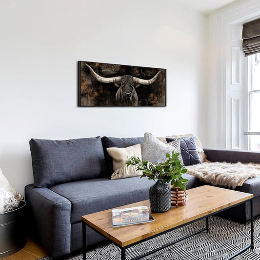 KREATIVE ARTS Large Longhorn Cow Canvas Wall Art with Floater Frame Black White Bull Head Western Cattle Picture Rustic Farmhouse Animal Print for Man Cave Barn Wall Decor 20x48 Inches