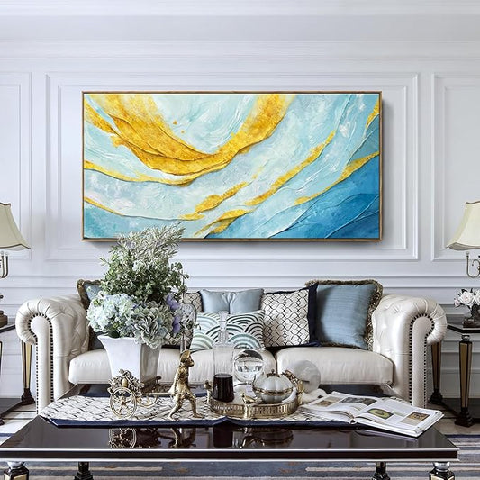 Nicetop Extra Large Framed Abstract Canvas Wall Art – Blue Gold Modern Oversized Picture Flowing Lines Art Print – Horizontal Wall Decor with Wood Frame for Living Room Bedroom Home Office 58x29Inch