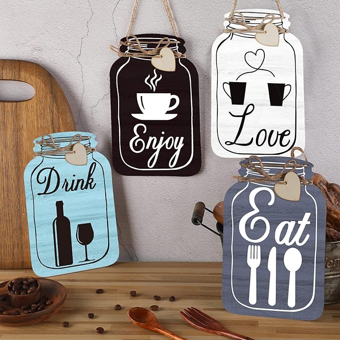 Yalikop 4 Pcs Wooden Kitchen Wall Decor Mason Jar Shaped Eat Drink Enjoy Love Hanging Sign Rustic Home Decor for Farmhouse Dining Room, 8 x 5 Inch(Retro Style,Gray, White, Blue, Dark Brown)