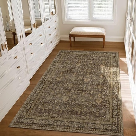 Washable 3x5 Entryway Rug, Boho Non-Slip Vintage Distress Small Rugs for Kitchen Nursery Office Bedroom, 0.3" Neutral Oriental Throw Thin Carpet with Cushioning Pad, Red/Brown/Multi, C4