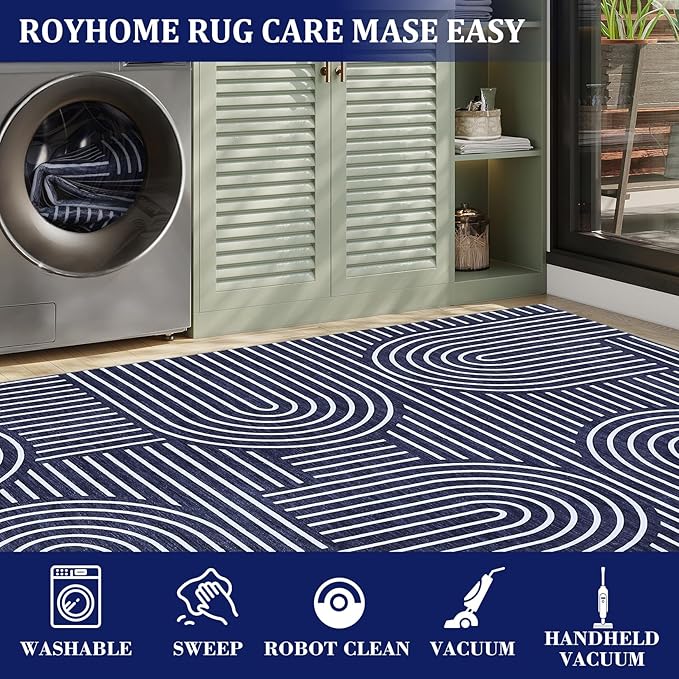 ROYHOME Modern Rug 2.5x8 Runners for Hallways, Abstract Kitchen Runner Rugs Non Slip Bath Runners, Rainbow Washable Runner Rug for Bedroom, Soft Long Rugs for Entryway Bathroom Laundry Dorm, Blue