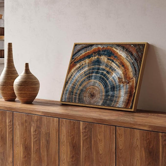 BingruiArt Framed Tree Ring Canvas Wall Art Abstract Wood Wall Decor Boho Modern Colorful Nature Painting Wood Stump Prints Pictures for Living Room Bedroom Bathroom Office 12"x16" Natural Framed(04)