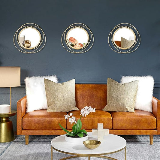 3 Set. Round Mirrors for Wall Decor Living Room Bedroom Bathroom Dining Room Metal Circle Mirror Set Boho Decorative Sunburst Wall Art Accent Entryway - Gold 9.5 in.