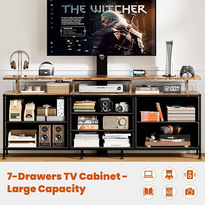 REAHOME TV Stand with Mount, 63" Entertainment Center for 32/45/55/60/65/70 inch TVs, Media Console Table with 7 Drawers, Height Adjustable Mount, Dresser TV Stand for Living Room, Rustic Brown