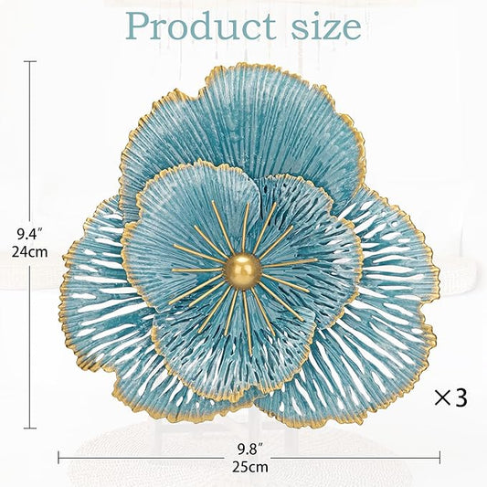 DILATATA 3 Pcs Metal Flower Wall Art Set 10 Inch Rustic Modern Floral Sculpture 3D Metal Flower Wall Hanging Accent for Indoor Living Room Bedroom Kitchen Bathroom Garden Patio Decor - Blue