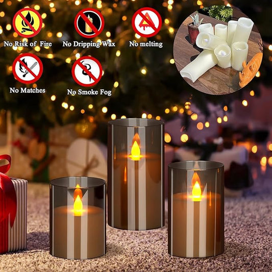 wemarry Flameless Candles 4" 5" 6" Acrylic Glass Pillars 3" Diameter Battery Operated Flickering Candles Include 8-Key Remote with Timer Function 400+ Hours (Gray, Warm Light 12 Pack)