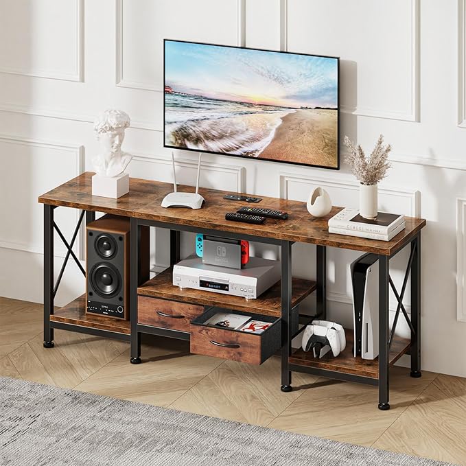 DUMOS 55” TV Stand with Power Outlets, Entertainment Center for TVs Up to 65 Inches, Industrial Media Console with Fabric Drawers & Open Shelves, Rustic Brown TV Table for Living Room, Bedroom