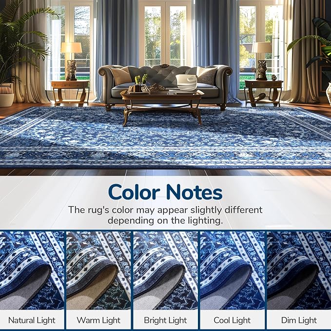 Lessymo 2 x 6 Runner Rug- Machine Washable Area Rugs Boho Faux Wool Low Pile Area Rug for Bedroom, Floral Medallion Vintage Rugs with Non-Slip Rubber,Blue White