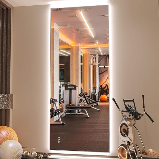 Hasipu 95''x 40'' Home Gym Mirror with Lights Dimmable Anti-Fog Large Full Length Wall Mounted Full Body Mirror for Yoga Dance Fitness Exercise Studio Bedroom Garage, Tempered Glass Workout Mirrors