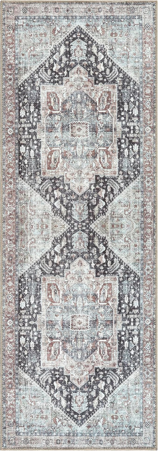 Bloom Rugs Washable Non-Slip 12 ft Runner - Charcoal/Brown Traditional Medallion Runner for Entryway, Hallway, Bathroom, and Kitchen - Exact Size: 2.5' x 12'