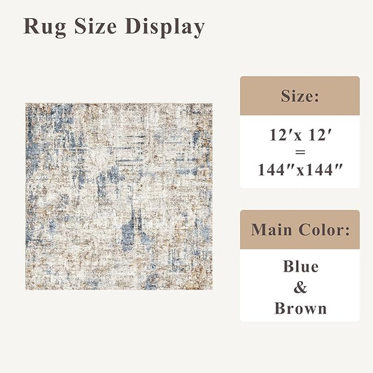 12x12ft Square Living Room Rug – Non-Slip Washable Extra Large Floor Carpet for Bedroom, Dining Room, Playroom Room – Modern Abstract Neutral Thin Low-Pile Oversized Indoor Rug (Blue Brown)