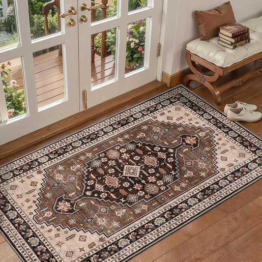 Tangsoo Vintage 2x4 Washable Rug for Entryway,Non Slip Kitchen Rugs Brown Beige Indoor Front Door Rug Small Soft Throw Mat Low Pile Carpet for Porch Kitchen Bedroom Entrance Bathroom