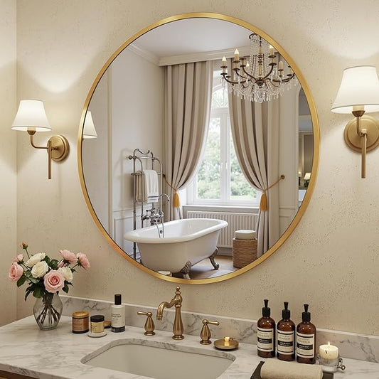 Antok 24 Inch Round Mirror for Wall, Round Bathroom Mirror, Circle Wall Mirrors with Gold Metal Frame, Circle Mirrors Suitable for Wall, Bathroom, Vanity, Living Room, Entryway