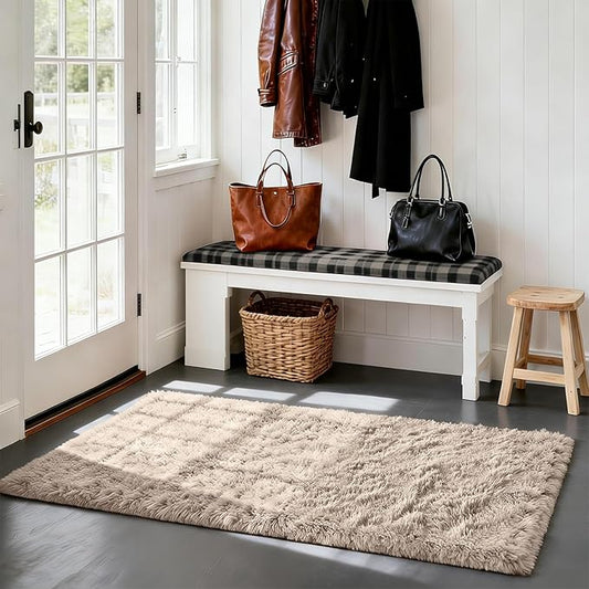 Soft Runner Rugs for Bedroom, Beige 2x6 Area Rugs Fluffy Rug Shag Area Rug Carpet, Bedside Rug for Living Room Bedroom Kids Room Home Decor
