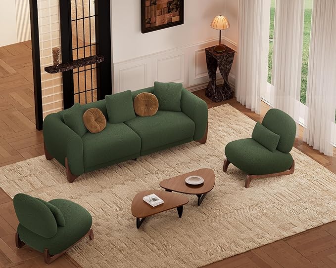 Morden Fort 3 Piece Cloud Couch Set, Modern Sherpa Boucle Sofa Set with Wood Legs, Skin-Friendly Minimalist Upholstered Comfy Couch Sofas for Living Room, 3-Seater Sofa & 2 Chairs, Forest Green