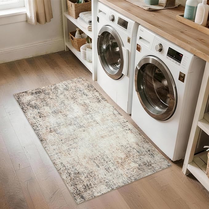 Neutral 3x5 Rug Non-Slip: Washable Area Rug for Bedroom Entryway Kitchen Bathroom Indoor - Modern Abstract Home Decor Mat Carpet - Sandstone Beige Gray