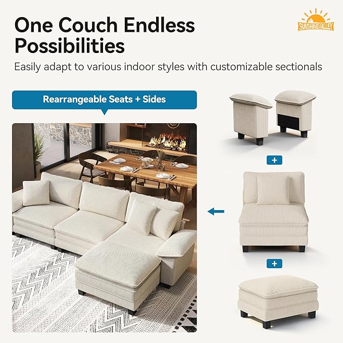 SUNSHINE VALLEY 3 Seat Modular Sofa, 123.6'' Oversized Modern Corduroy Sectional Couch with Removable Armrest and Pillow, Upholstered Cloud Deep Seat Sofa for Living Room, Beige