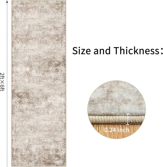 Washable 2x6 Kitchen Runner Rug: Abstract Indoor Rubber Backing Runners for Hallway Bathroom Bedroom - Easy Clean Soft Thin Floor Mat - Modern Neutral Decor Throw Carpet - Beige Brown