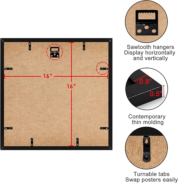 ELSKER&HOME 16x16 Picture Frame Black 3 Pack, Square Picture Frame Display Photo 12x12 with Mat or 16 x 16 Without Mat, Horizontal and Vertical Wall Mounting