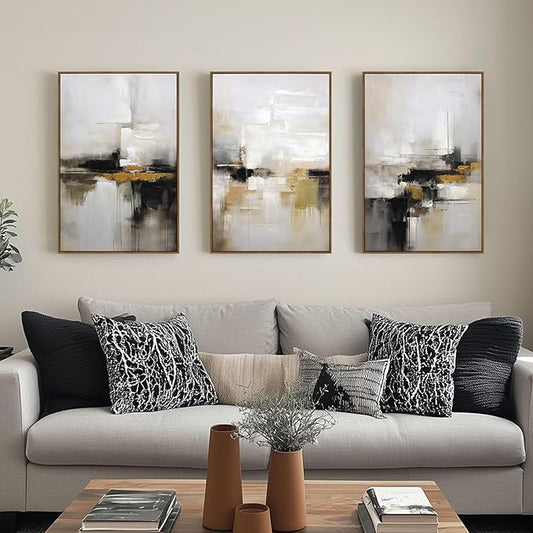 Abstract Neutral Wall Art Black and Brown Grunge Framed Mid Century Modern Wabi Sabi Textured Canvas Painting Artwork for Living Room Bedroom Office- 3 Panels, 16x24 Inch, Ready to Hang