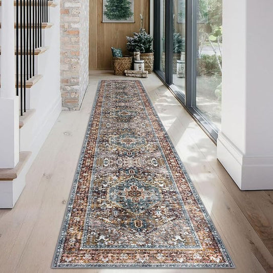 KOZYFLY Runners for Hallways 2x12 Ft Washable Kitchen Runner Rug Boho Long Runner for Entryway Indoor Printed Faux Wool Carpet for Bedroom Kitchen Hall, Brick Red/Orange/Green