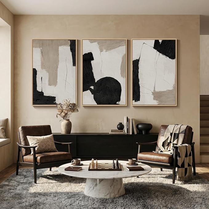 Large Framed Abstract Neutral Wall Art for Living Room, 3 Piece Black and White Beige Modern Canvas Prints Artwork for Walls, Minimalist Mid Century Painting Wall Decor Hallway Dining Room, 24x36 Inch