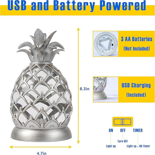 8.3 in Pineapple Table Lamp with Swirling Glitter and 6 Hours Timer, 3 Modes (ON/OFF/TIMER) USB & Battery Operated Cool White LED Night Light, Decorative Lamp for Bedroom, Living Room, Office Gift