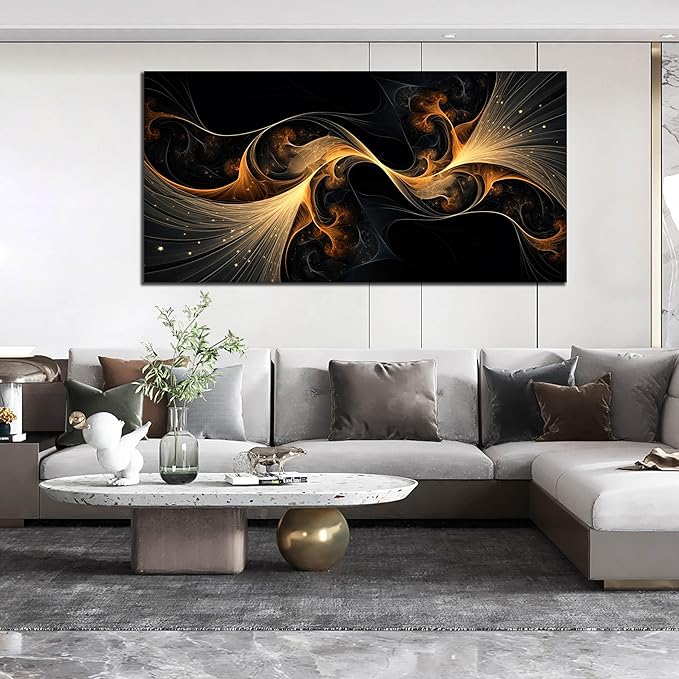 Ouzzlie Large Black Wall Art Abstract Wall Decor Gold Canvas Art Picture Artwork for Living Room Bedroom Office 29" x 59"