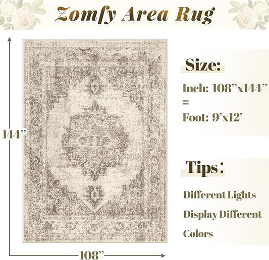 Area Rug 9x12 Vintage Rugs: Large Washable Indoor Medallion Rug Low Pile Distressed Floor Carpet Retro Accent Rugs for Living Room Bedroom Kitchen Dining Table Home Office(Taupe, 9'x12')