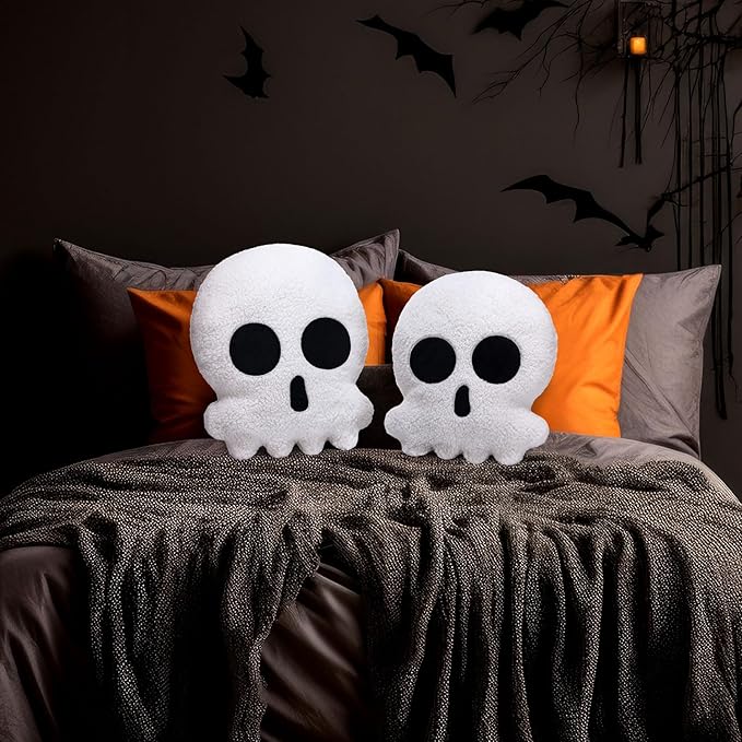 Wonderjune 2 Pcs Skull Skeleton Pillows Decorative Skull Throw Pillows for Sofa Bed Couch Stuffed Gothic Party Outdoor Home Decorations Christmas Halloween Skeleton Decor Cushion (14 Inch and 12 Inch)