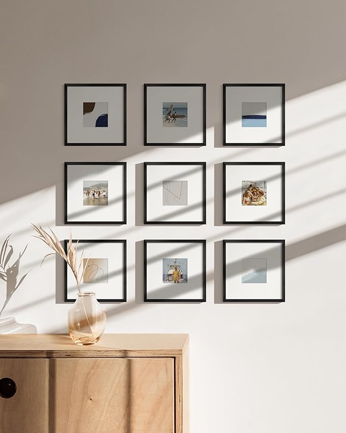 HAUS AND HUES 8x8 Black Metal Picture Frames Matted to 4x4 - Features Premium Aluminum & Hanging Hardware, Shatterproof Plexiglass - Ideal for Home, Room, Office (8x8 in, Black, Set of 25)