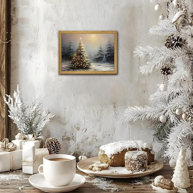 Vintage Christmas Wall Art, Vintage Pine Tree Canvas Wall Decor Painting, Rustic Winter Tree Print, Botanical Winter Art, for Table Farmhouse Mantel Home Office 8x10 Inch Wood Framed