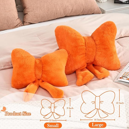 XVTRU Bow Pillow, Soft Bow Decorative Pillows with Faux Rabbit Fur, Cute Bow Throw Pillows, Aesthetic Home Decor Bow Shaped Plush Pillow for Bedroom Sofa Couch (Orange, Small-12 Inch)