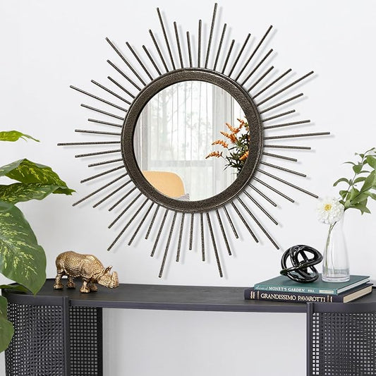 Large Sunburst Wall Mirror, Round Home Modern Metal Art Mirror for Bathroom Living Room Hallway Bedroom Balcony Farmhouse 24" x 24"