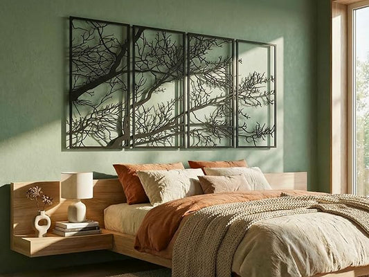 Vailla Tree of Life Wall Decor 4pcs Wooden Wall Art 3D Wall Hanging Wooden Sculpture Modern Wall Home Decoration Textured Sculptures for Living Room Bedroom Office Dinnig Room