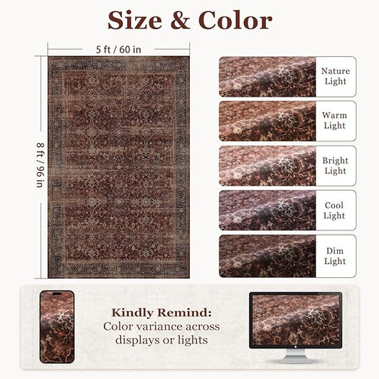 Brick Red 5x8 Washable Rug, Vintage Distressed Area Rugs for Living Room Bedroom Non Slip, Low Pile Thin Carpet Rug for Dining Room/Kitchen/Home Office/Den, Earth Tone Rustic Brick Color