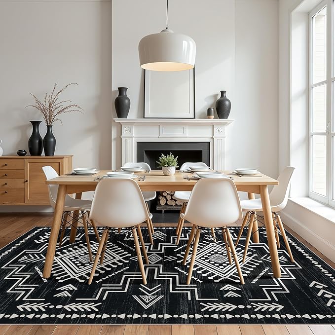 Joydeco Moroccan Black and White Washable 6x9 Living Room Area Rug, Non-Slip Western Stain Resistant Dining Room Rugs for Under Table, Geometric Aztec Print Modern Carpet for Bedroom Office