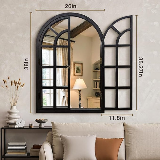 Arched Window Mirrors for Wall, Wooden Rustic Farmhouse Mirror for Wall Decor 26 x 38 Black, Decorative Wall Mirror Arch for Living Room, Bedroom, Bathroom, Fireplace, Farmhouse