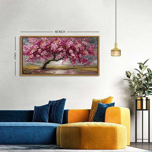Framed Red Pink Tree Wall Art Tree of Life Picture for Living Room Colorful Flower Wall Decor Abstract Nature Scenery Texture Prints Canvas Painting Watercolor Artwork Bedroom Kitchen Decoration 24x48