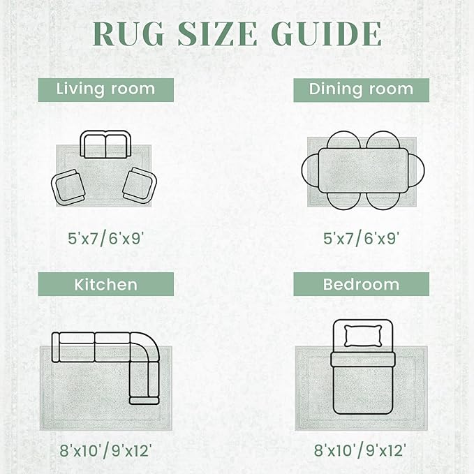 5x7 Area Rugs for Living Room: Washable Vintage Floral Rug Low Pile Non-Slip Boho Carpet for Nursery Bedroom Dining Room (Green, 5'x7')