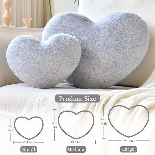 XVTRU Grey Heart Pillows, Cute Heart Decorative Pillow, Heart Shaped Throw Pillows for Bed, Faux Rabbit Fur Plush Hoom Decor Pillow Cushion for Chair Sofa Living Room (Large-19.6"x15.7")