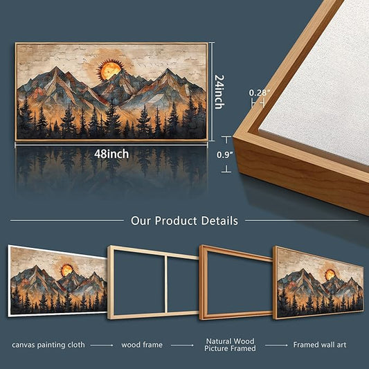 ZUITINGHUA Boho Wall Art For Living Room Large Canvas Wall Decor For Bedroom Office Decorations Abstract Wall Paintings Mountain Landscape Pictures Modern Home Mural Artwork Wood Framed 24x48 In